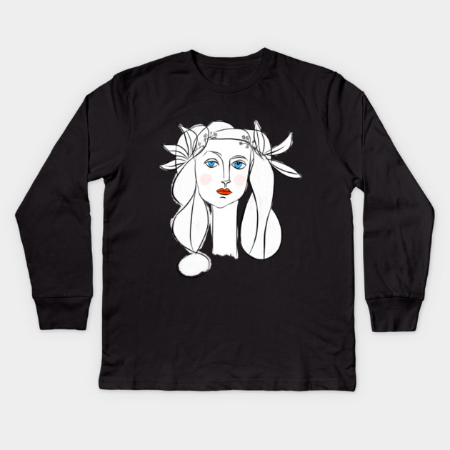 Minimal Line Art Woman Portrait with Floral Crown Kids Long Sleeve T-Shirt by denizko