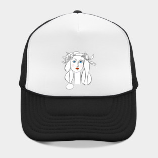 Minimal Line Art Woman Portrait with Floral Crown Hat