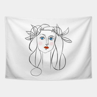 Minimal Line Art Woman Portrait with Floral Crown Tapestry