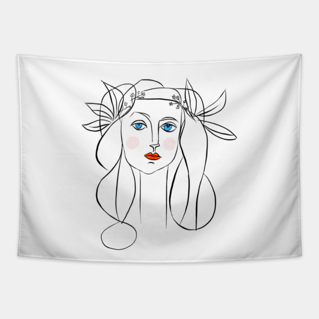 Minimal Line Art Woman Portrait with Floral Crown Tapestry by denizko