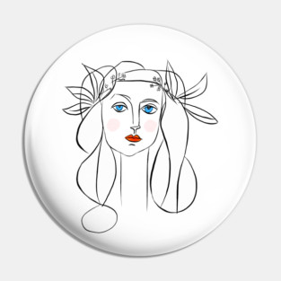 Minimal Line Art Woman Portrait with Floral Crown Pin