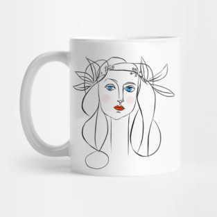Minimal Line Art Woman Portrait with Floral Crown Mug