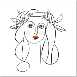 Minimal Line Art Woman Portrait with Floral Crown Posters and Art