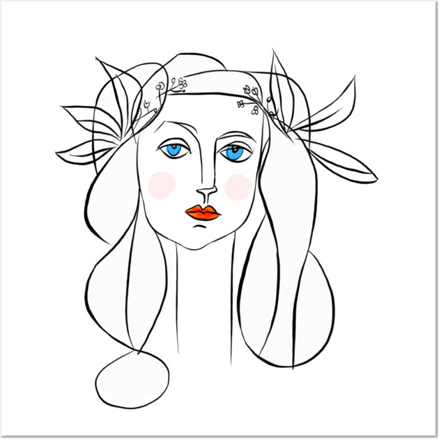 Minimal Line Art Woman Portrait with Floral Crown Wall Art by denizko