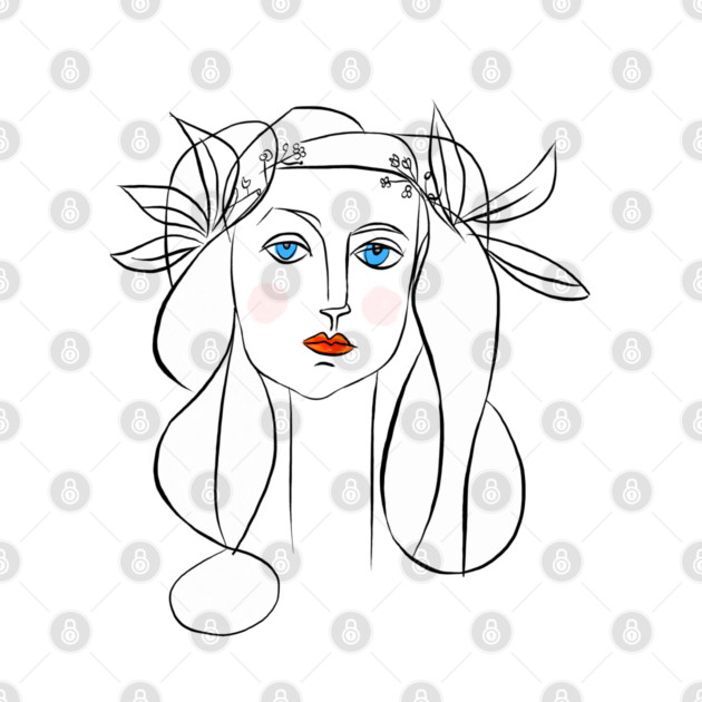Minimal Line Art Woman Portrait with Floral Crown by denizko