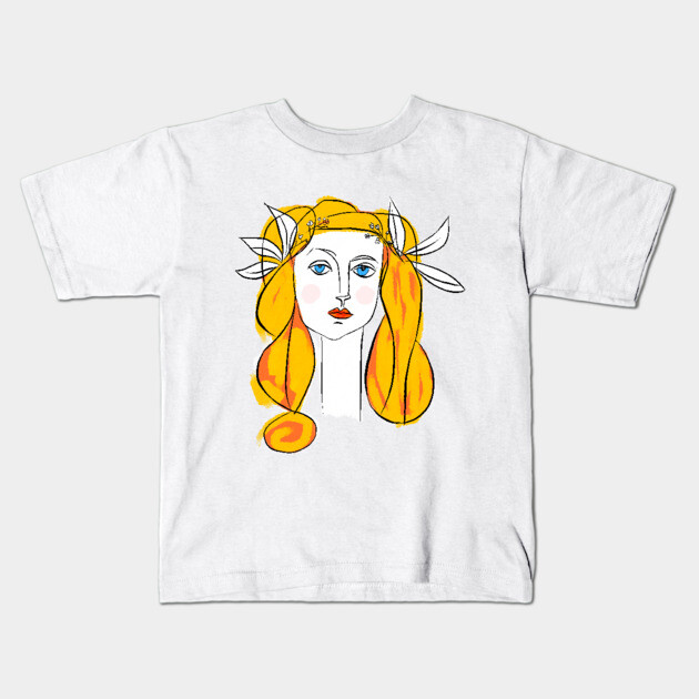 Floral Crown Woman Portrait Line Art Illustration Kids T-Shirt by denizko