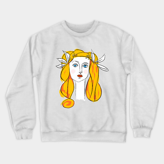 Floral Crown Woman Portrait Line Art Illustration Crewneck Sweatshirt by denizko