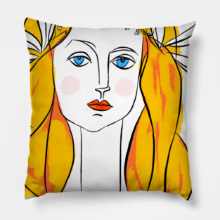 Floral Crown Woman Portrait Line Art Illustration Pillow
