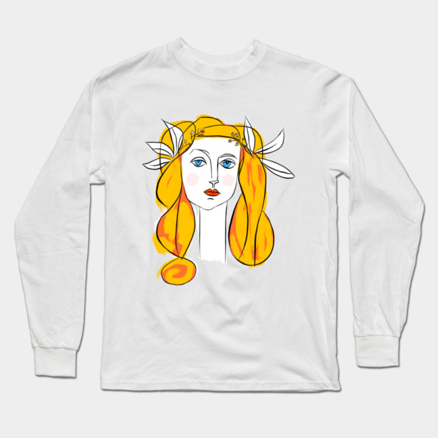 Floral Crown Woman Portrait Line Art Illustration Long Sleeve T-Shirt by denizko