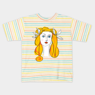 Floral Crown Woman Portrait Line Art Illustration Kids T-Shirt