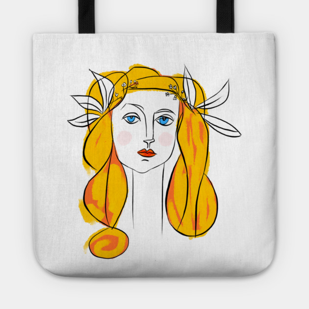 Floral Crown Woman Portrait Line Art Illustration Tote by denizko