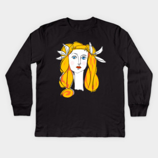 Floral Crown Woman Portrait Line Art Illustration Kids Long Sleeve T-Shirt