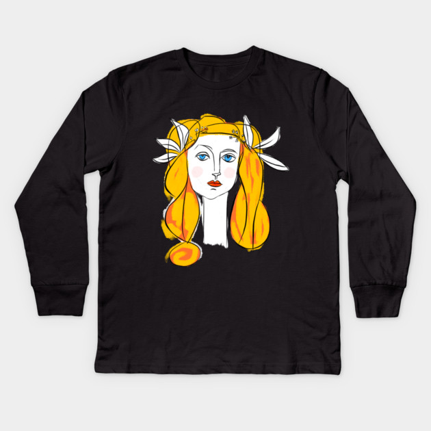 Floral Crown Woman Portrait Line Art Illustration Kids Long Sleeve T-Shirt by denizko