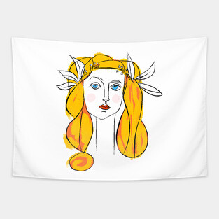 Floral Crown Woman Portrait Line Art Illustration Tapestry
