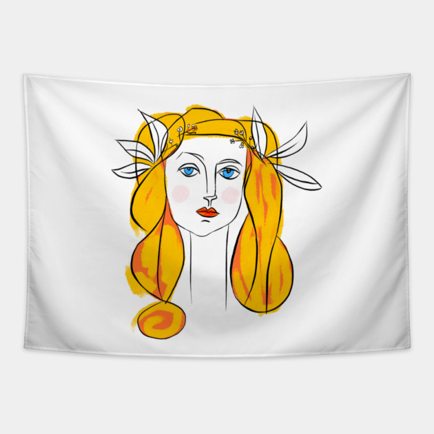 Floral Crown Woman Portrait Line Art Illustration Tapestry by denizko