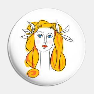 Floral Crown Woman Portrait Line Art Illustration Pin