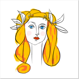 Floral Crown Woman Portrait Line Art Illustration Posters and Art