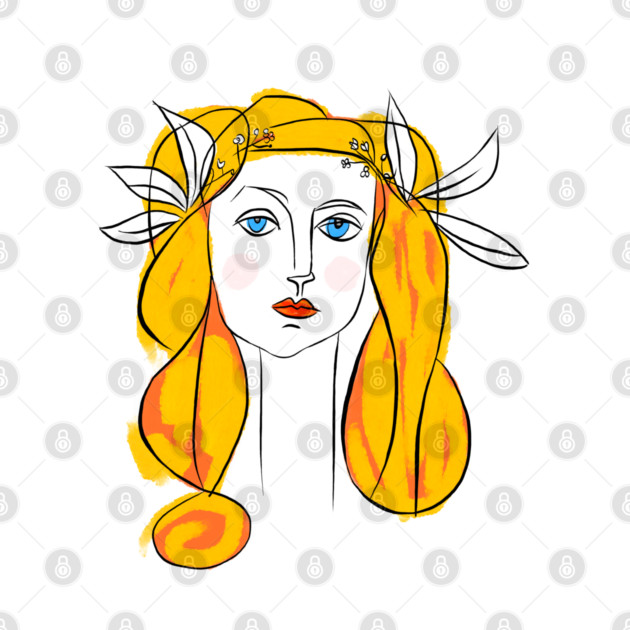 Floral Crown Woman Portrait Line Art Illustration by denizko