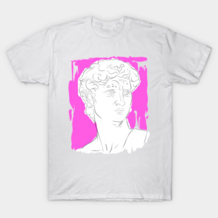Classical Marble Bust Line Art Illustration – Pink Background T-Shirt