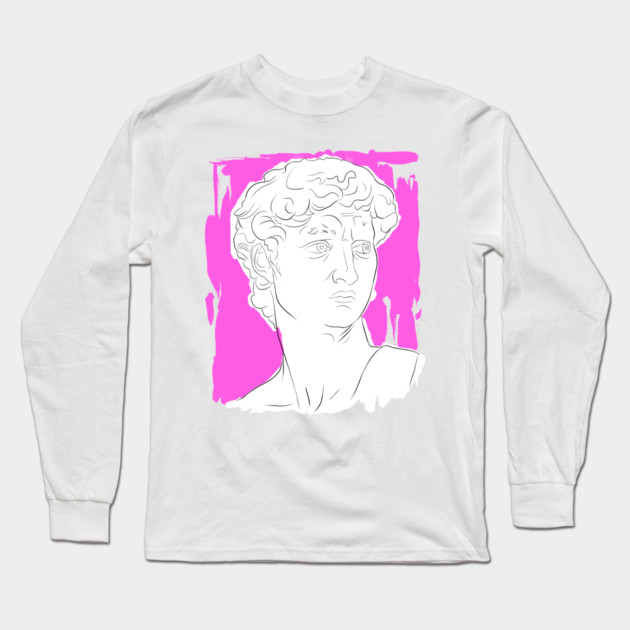 Classical Marble Bust Line Art Illustration – Pink Background Long Sleeve T-Shirt by denizko