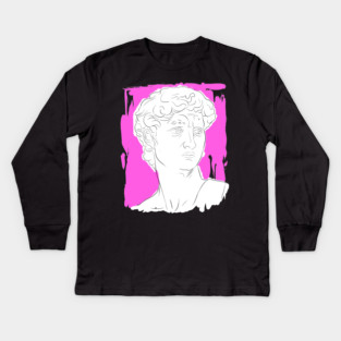Classical Marble Bust Line Art Illustration – Pink Background Kids Long Sleeve T-Shirt
