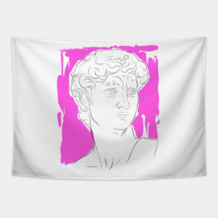 Classical Marble Bust Line Art Illustration – Pink Background Tapestry