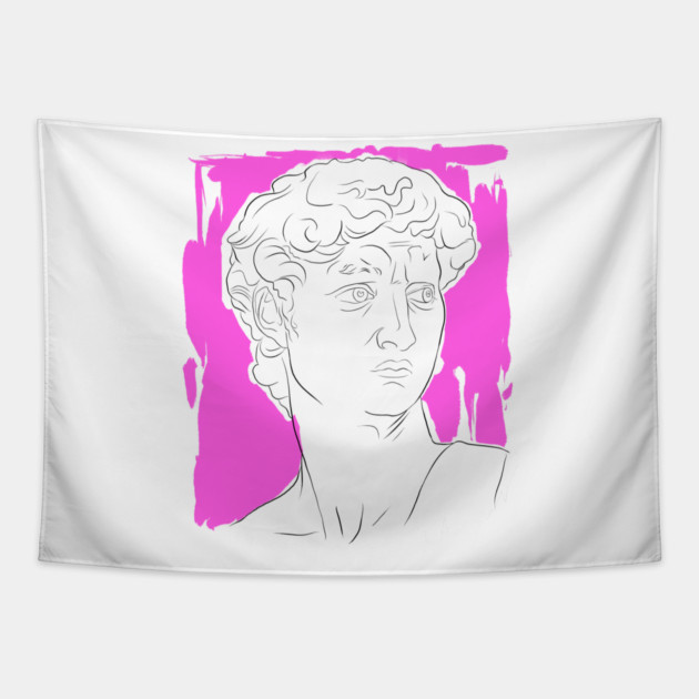 Classical Marble Bust Line Art Illustration – Pink Background Tapestry by denizko
