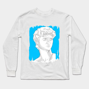 Classical Marble Bust Style Illustration – Blue Background Long Sleeve T-Shirt