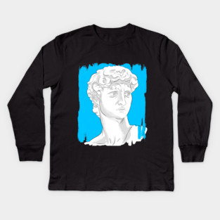 Classical Marble Bust Style Illustration – Blue Background Kids Long Sleeve T-Shirt
