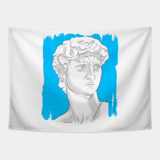 Classical Marble Bust Style Illustration – Blue Background Tapestry