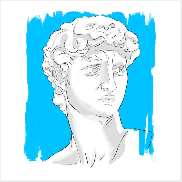 Classical Marble Bust Style Illustration – Blue Background Wall Art by denizko