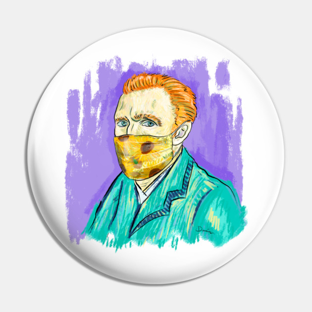Post-Impressionist Style Van Gogh Portrait with Sunflower Mask Pin by denizko