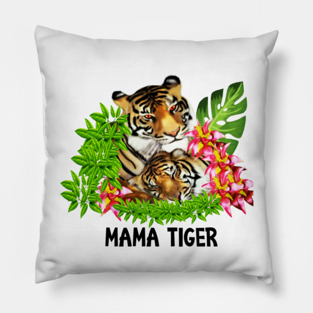 Tiger Mom with Cub Tropical Animal Pillow by logiamerch