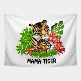 Tiger Mom with Cub Tropical Animal Tapestry