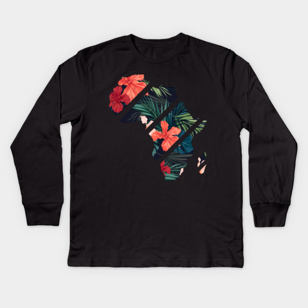 Africa Map Tropical Floral Patterns, African Kids Long Sleeve T-Shirt by logiamerch