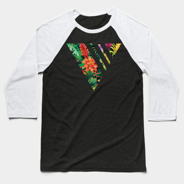 Tropical Geometric triangle with stripes, Floral Baseball T-Shirt by logiamerch