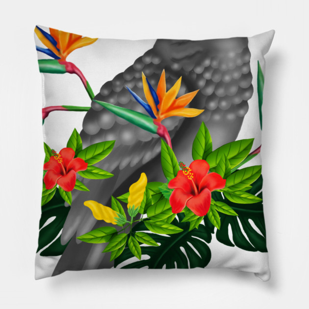 African Parrot, Tropical bird Floral Pillow by logiamerch