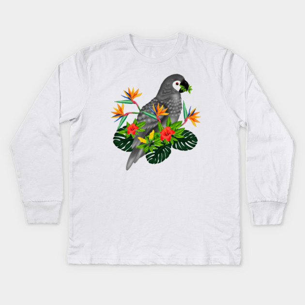 African Parrot, Tropical bird Floral Kids Long Sleeve T-Shirt by logiamerch