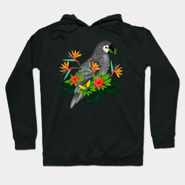 African Parrot, Tropical bird Floral Hoodie by logiamerch