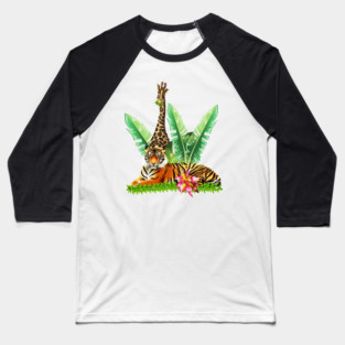 Tiger design with Giraffe Tropical Floral Style Baseball T-Shirt