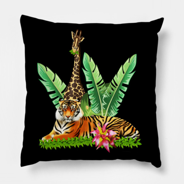 Tiger design with Giraffe Tropical Floral Style Pillow by logiamerch
