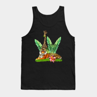 Tiger design with Giraffe Tropical Floral Style Tank Top