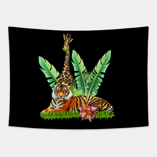 Tiger design with Giraffe Tropical Floral Style Tapestry by logiamerch