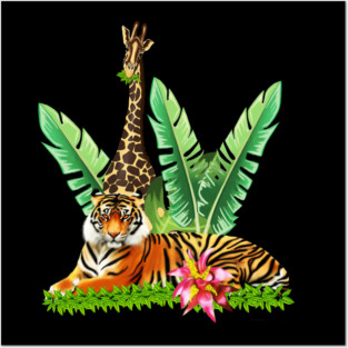 Tiger design with Giraffe Tropical Floral Style Posters and Art