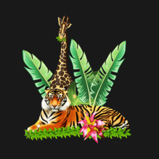 Tiger design with Giraffe Tropical Floral Style T-Shirt