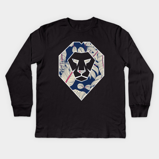 Tropical Pattern, Lion Head Shape, Floral Kids Long Sleeve T-Shirt by logiamerch