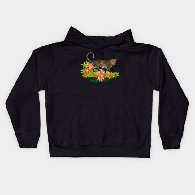 Tropical Jaguar Cat Floral theme Kids Hoodie by logiamerch