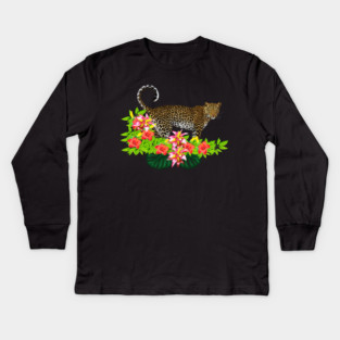 Tropical Jaguar Cat Floral theme Kids Long Sleeve T-Shirt