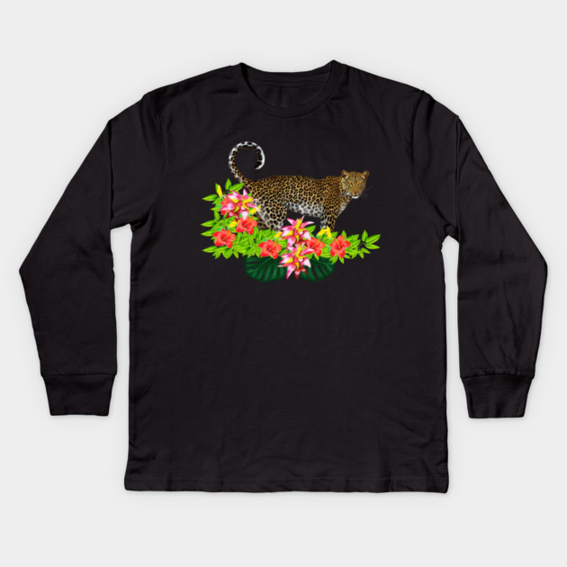 Tropical Jaguar Cat Floral theme Kids Long Sleeve T-Shirt by logiamerch