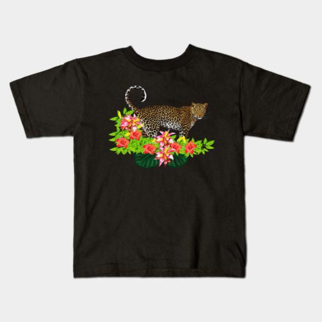 Tropical Jaguar Cat Floral theme Kids T-Shirt by logiamerch